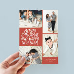 Frohe Weihnachten Neujahr Red 4 Foto Collage<br><div class="desc">Diese stilvolle und festliche Multi-Foto-Urlaubskarte bietet handgeschriebenen Stil mit einer Foto-Collage, die 4 Ihrer Fotos zeigt. Die Rückseite weist ein fließendes Punktmuster in passenden Farben auf. Fügen Sie einfach Ihre Fotos und Text mit ein paar stäche und Klicks hinzu und Sie sind fertig. Klicken Sie zum weiteren Anpassen auf "Bearbeiten...</div>