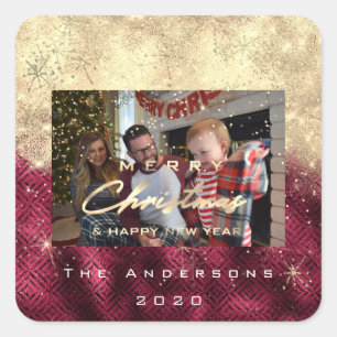 Frohe Weihnachten New Gold Glitzer Foto Beet Quadratischer Aufkleber