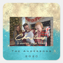 Frohe Weihnachten New Gold Glitzer Foto Blue Quadratischer Aufkleber