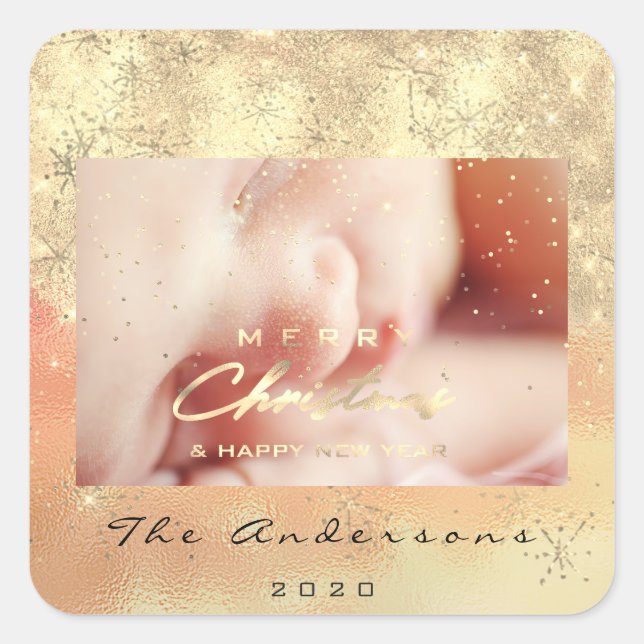 Frohe Weihnachten New Gold Glitzer Foto Peach Ombr Quadratischer Aufkleber (Vorderseite)