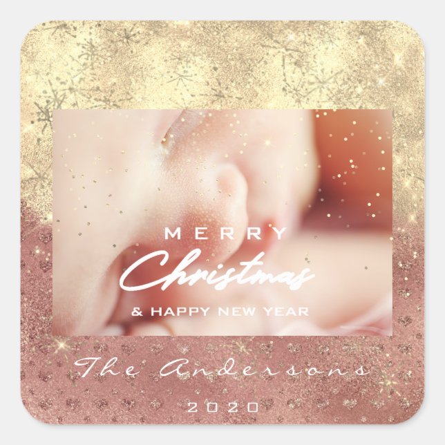 Frohe Weihnachten New Gold Glitzer Foto Peach Whit Quadratischer Aufkleber (Vorderseite)
