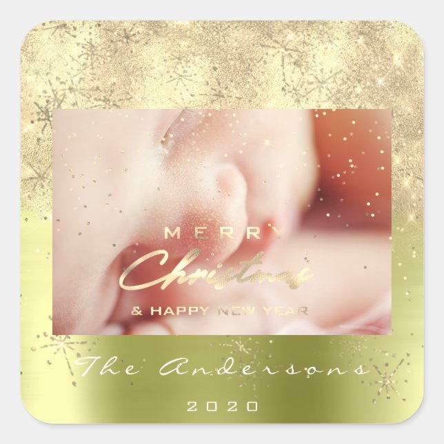 Frohe Weihnachten New Gold Glitzer Foto Spark Mint Quadratischer Aufkleber (Vorderseite)