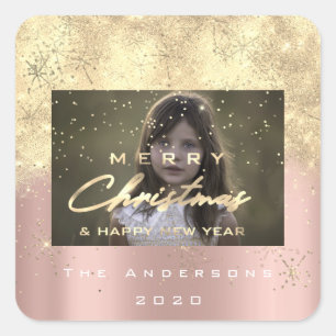 Frohe Weihnachten New Sepia Gold Glitzer Foto Blus Quadratischer Aufkleber