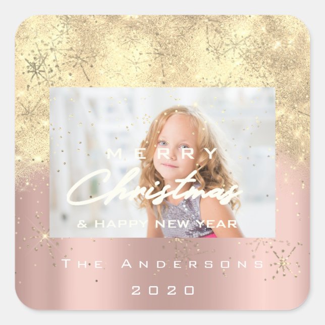 Frohe Weihnachten New Sepia Gold Glitzer Foto Blus Quadratischer Aufkleber (Vorderseite)