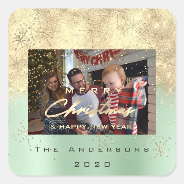 Frohe Weihnachten New Sepia Gold Glitzer Foto Mint Quadratischer Aufkleber (Vorderseite)