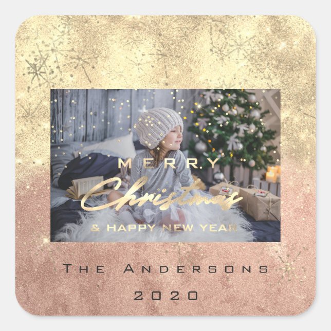 Frohe Weihnachten New Sepia Gold Glitzer Foto Peac Quadratischer Aufkleber (Vorderseite)
