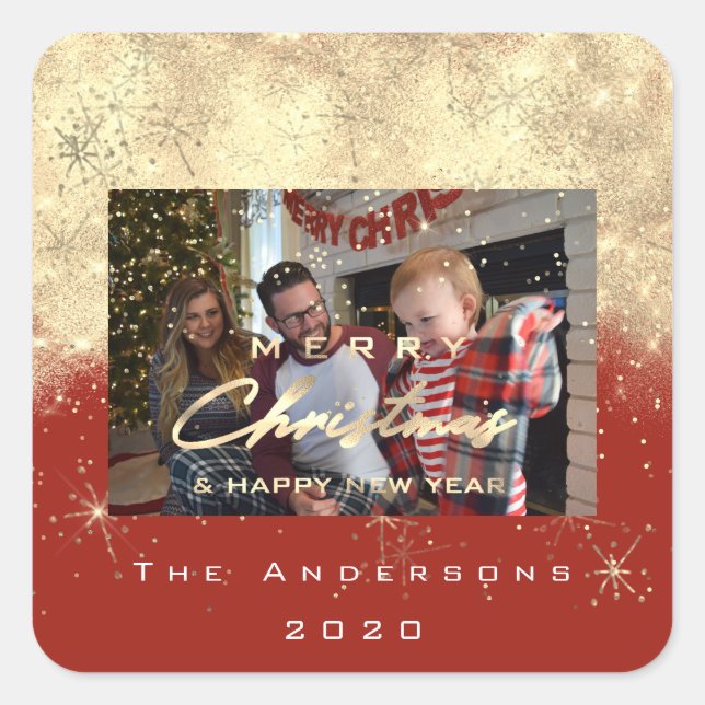 Frohe Weihnachten New Sepia Gold Glitzer Foto Red Quadratischer Aufkleber (Vorderseite)
