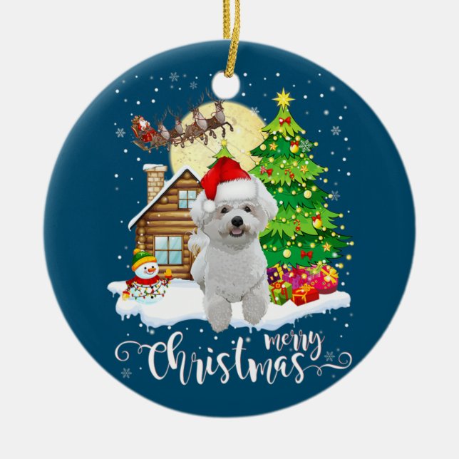 Frohe Weihnachten Niedlich Bichon Frise Santa mit  Keramik Ornament (Vorne)
