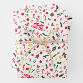 Frohe Weihnachten Niedlich Doodle Whimsical Muster Geschenkpapier Set