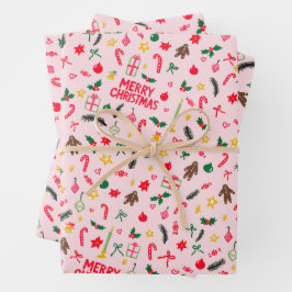 Frohe Weihnachten Niedlich Doodle Whimsical Muster Geschenkpapier Set