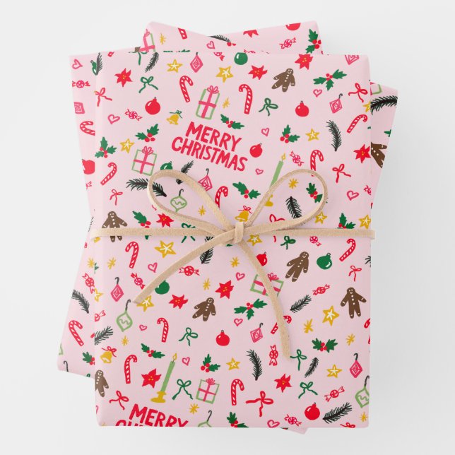 Frohe Weihnachten Niedlich Doodle Whimsical Muster Geschenkpapier Set (Beispiel)