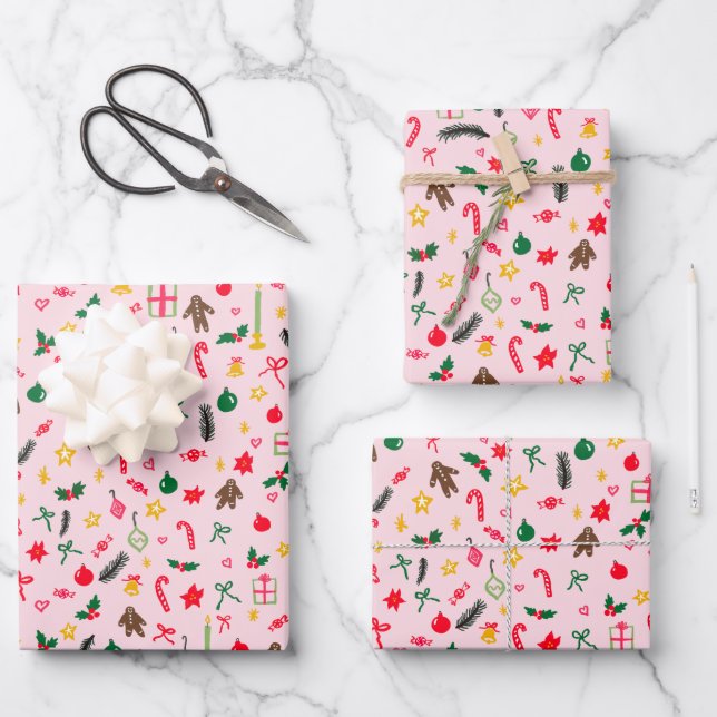 Frohe Weihnachten Niedlich Doodle Whimsical Muster Geschenkpapier Set (Vorderseite)