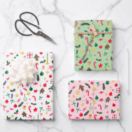 Frohe Weihnachten Niedlich Doodle Whimsical Muster Geschenkpapier Set