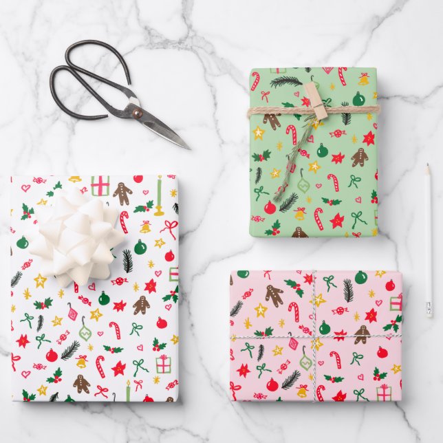 Frohe Weihnachten Niedlich Doodle Whimsical Muster Geschenkpapier Set (Vorderseite)