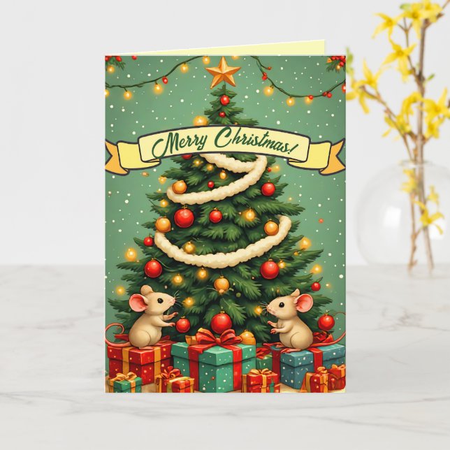 Frohe Weihnachten Niedlich Glückliche Mäuse Viktor Karte (Gelbe Blume)