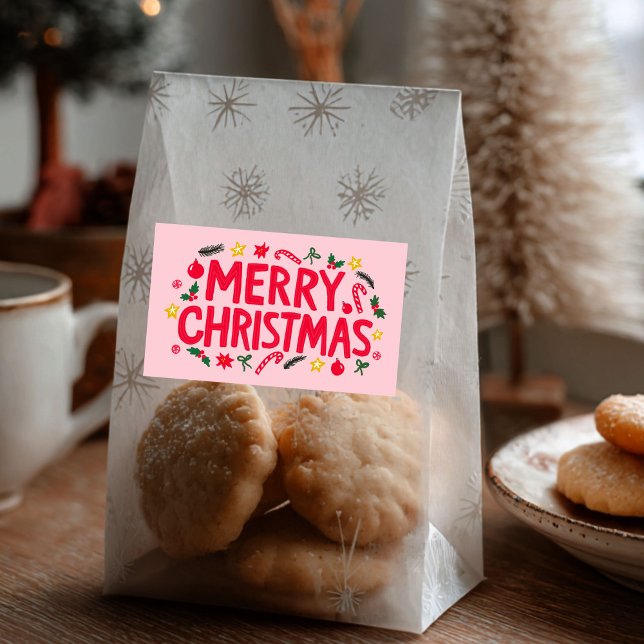 Frohe Weihnachten Niedlich handGezeichnet CUSTOM Rechteckiger Aufkleber (Merry Christmas Cute Hand-Drawn CUSTOM Rectangular Large Pink Holiday Sticker
)