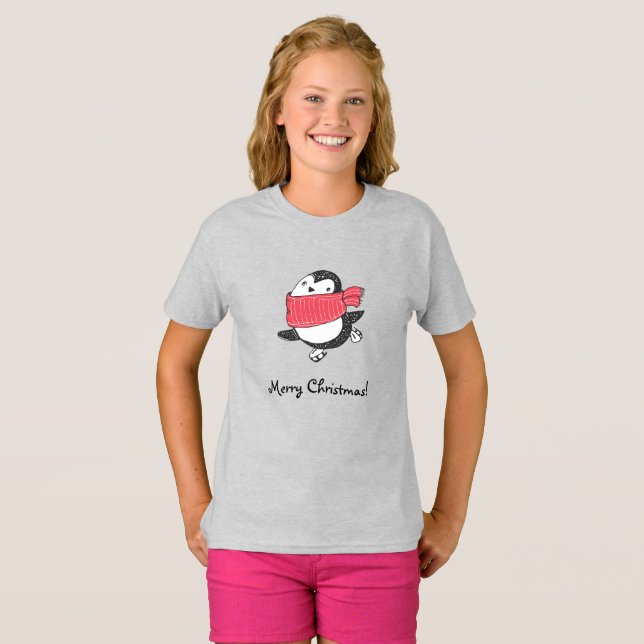 Frohe Weihnachten Niedlich Happy Pinguin Ice Skate T-Shirt (Vorne ganz)
