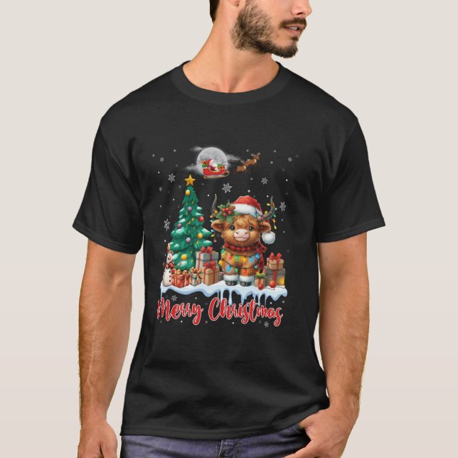 Frohe Weihnachten Niedlich Highland Cow Santa High T-Shirt (Vorderseite)