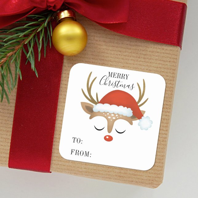 Frohe Weihnachten Niedlich Personalisiert Reindeer Quadratischer Aufkleber (Cute reindeer stickers for your Christmas gift packaging.)