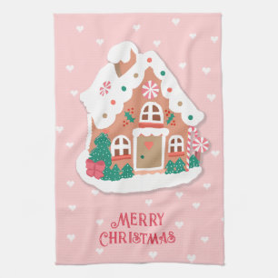 Frohe Weihnachten Niedlich Pink Snowy Gingerbread  Geschirrtuch