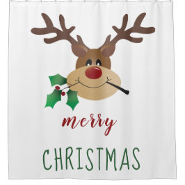 Frohe Weihnachten Niedlich Reindeer Mistletoe Red  Duschvorhang
