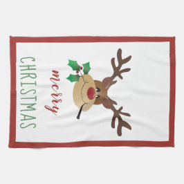 Frohe Weihnachten Niedlich Reindeer Mistletoe Red  Geschirrtuch