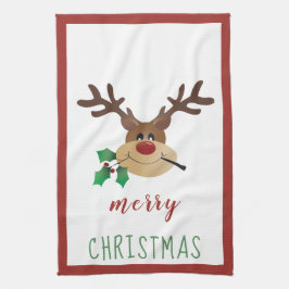 Frohe Weihnachten Niedlich Reindeer Mistletoe Red Geschirrtuch