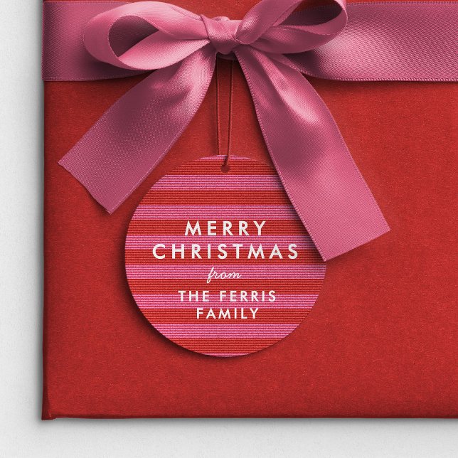 Frohe Weihnachten niedlich rosa Streifen Urlaubsge Geschenkanhänger (Von Creator hochgeladen)