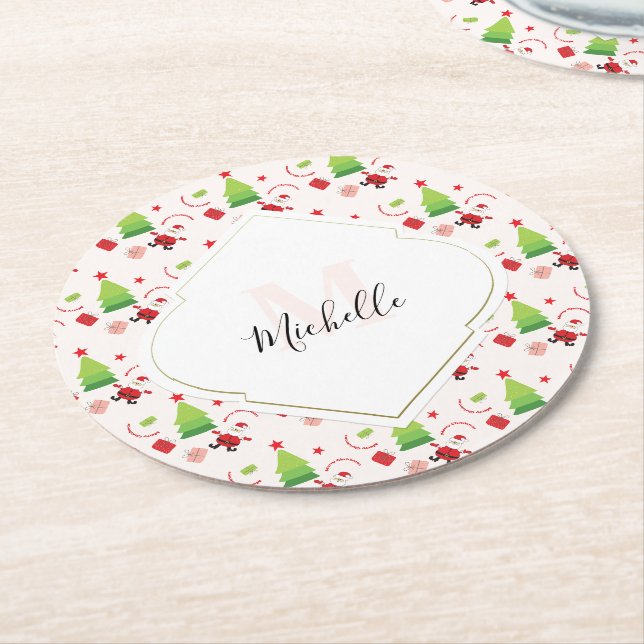 Frohe Weihnachten Niedlich Santa Monogram Runder Pappuntersetzer (Angewinkelt)