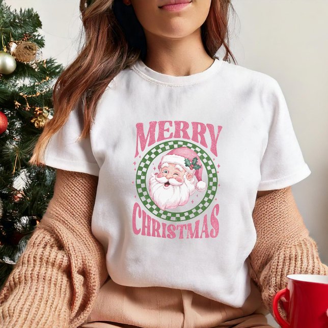 Frohe Weihnachten niedlich Santa Pink Retro Glitze T-Shirt (Von Creator hochgeladen)
