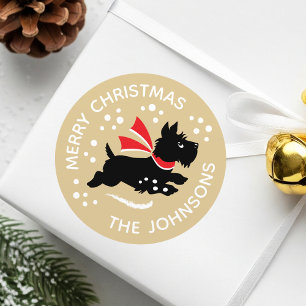 Frohe Weihnachten Niedlich Scottie Dog Name Gold Runder Aufkleber