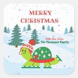 Frohe Weihnachten Niedlich Turtle Ice Skaten im Wi Quadratischer Aufkleber