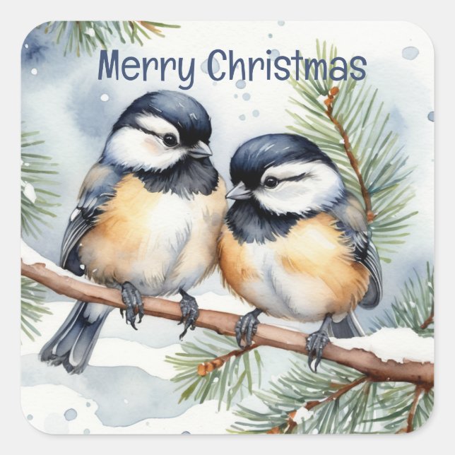 Frohe Weihnachten Niedliche Chickadee Birds Quadratischer Aufkleber (Vorderseite)