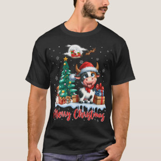 Frohe Weihnachten Niedliche Kuh Weihnachtsmannmütz T-Shirt