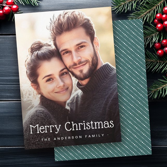 Frohe Weihnachten niedliche Streifen grün Foto (Merry Christmas cute dotted stripes green photo Holiday Card)