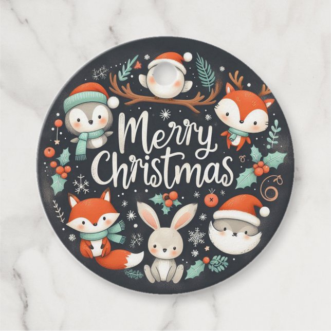 Frohe Weihnachten Niedlichen Füchse und Kaninchen  Geschenkanhänger (Vorderseite)