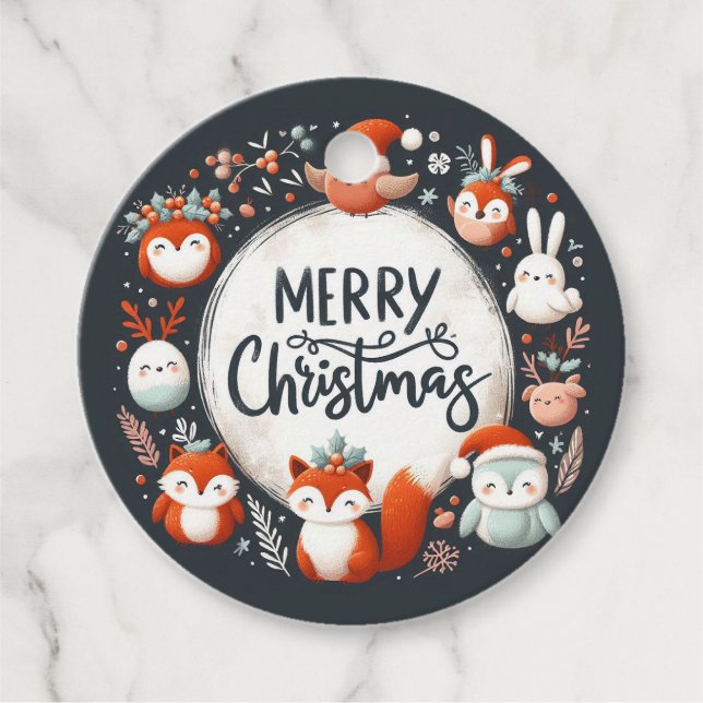 Frohe Weihnachten Niedlichen Füchse und Kaninchen  Geschenkanhänger (Vorderseite)