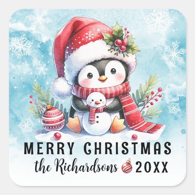 Frohe Weihnachten Niedlichen Pinguin Snowy und Red Quadratischer Aufkleber (Vorderseite)