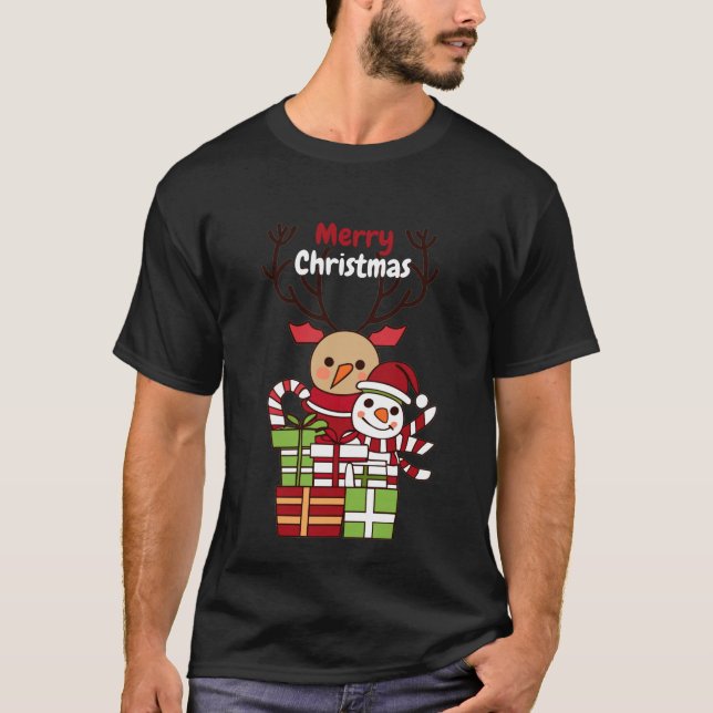 Frohe Weihnachten niedlicher Cartoon Rentierschnee T-Shirt (Vorderseite)