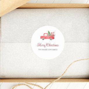 Frohe Weihnachten Niedlicher Wasserfarbenroter LKW Runder Aufkleber