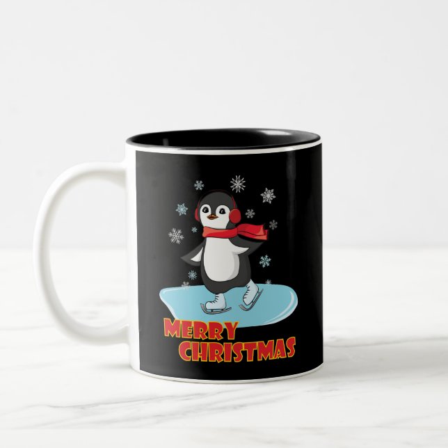 Frohe Weihnachten Niedlicher Winterpinguin Zweifarbige Tasse (Links)