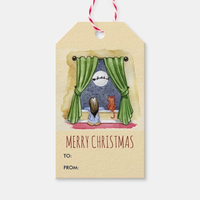 Frohe Weihnachten Niedliches Kind & Kitty Cat Xmas Geschenkanhänger (Vorderseite)