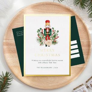 Frohe Weihnachten Nussknacker Grünpflanzen Elegant Folien Feiertagspostkarte