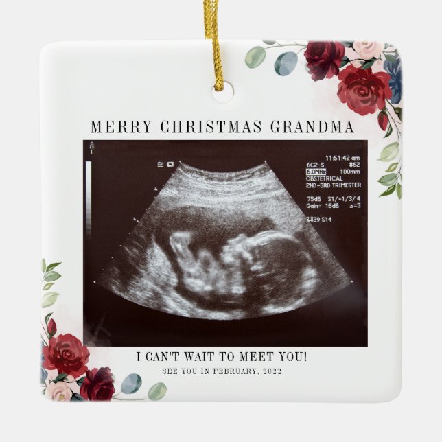 Frohe Weihnachten Oma Floral Ultrasound Foto Keramikornament (Vorderseite)