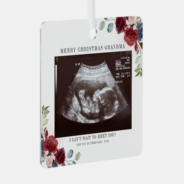Frohe Weihnachten Oma Floral Ultrasound Foto Ornament Aus Metall (Vorderseite Rechts)