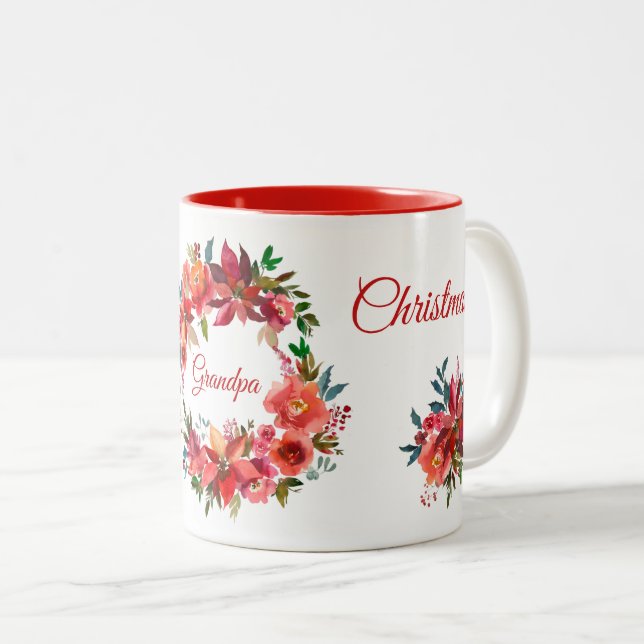 Frohe Weihnachten Opa Floral Poinsettia Wreath Zweifarbige Tasse (VorderseiteRechts)