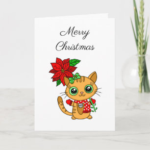 Frohe Weihnachten   Orange Katze mit Poinsettie Karte