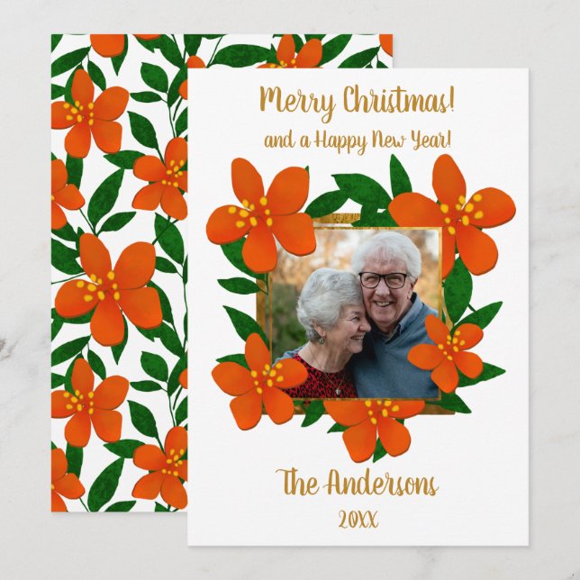 Frohe Weihnachten | Orange Red Florals Foto (Vorne/Hinten)