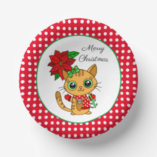 Frohe Weihnachten   Orangefarbene Katze mit Poinse Pappteller