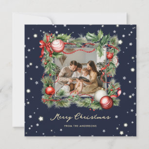 Frohe Weihnachten Ornamente Stechpalmenkranz Blau